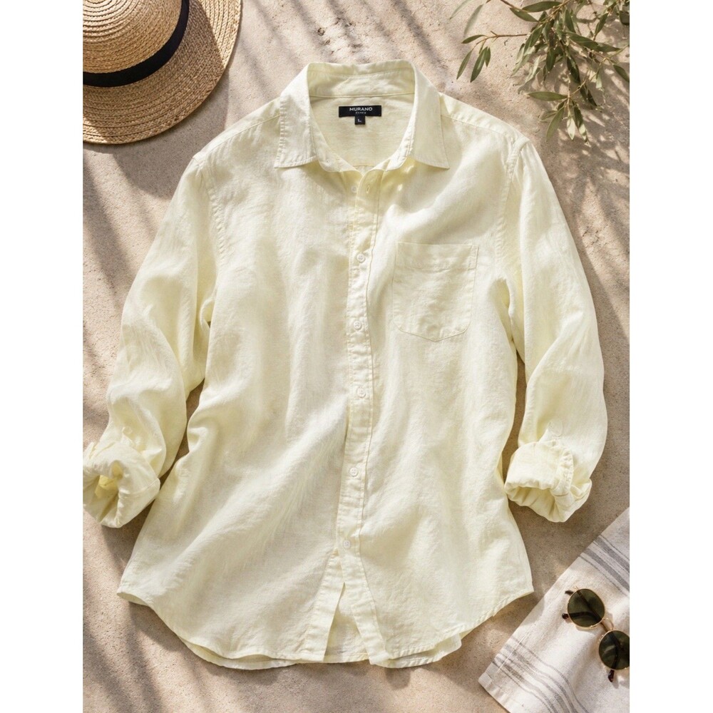Murano 100% Linen Shirt Mens Large Pale Yellow Button Down Quiet Luxury Coastal